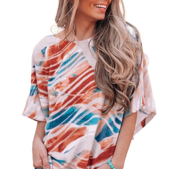 TIE-DYE PRINT 3/4 DOLMAN SLEEVE CHIC FLOWY TOP SIZE XL - Picture 5 of 6